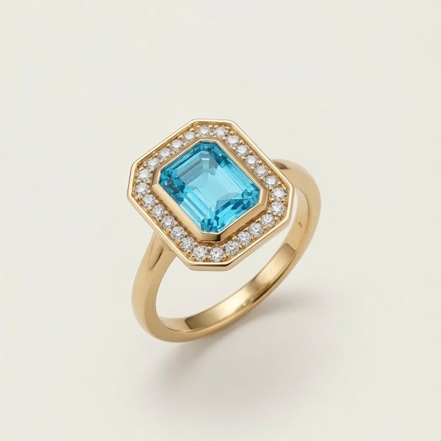 Sample:  The Blue Topaz Halo Ring Size K
