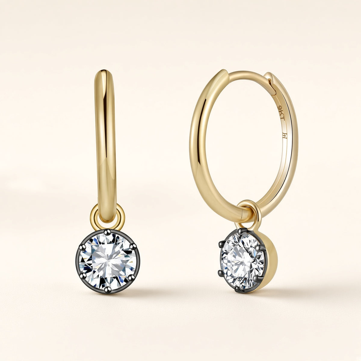 The Black Moissanite Bubble-Back Earrings - With solid gold hoops