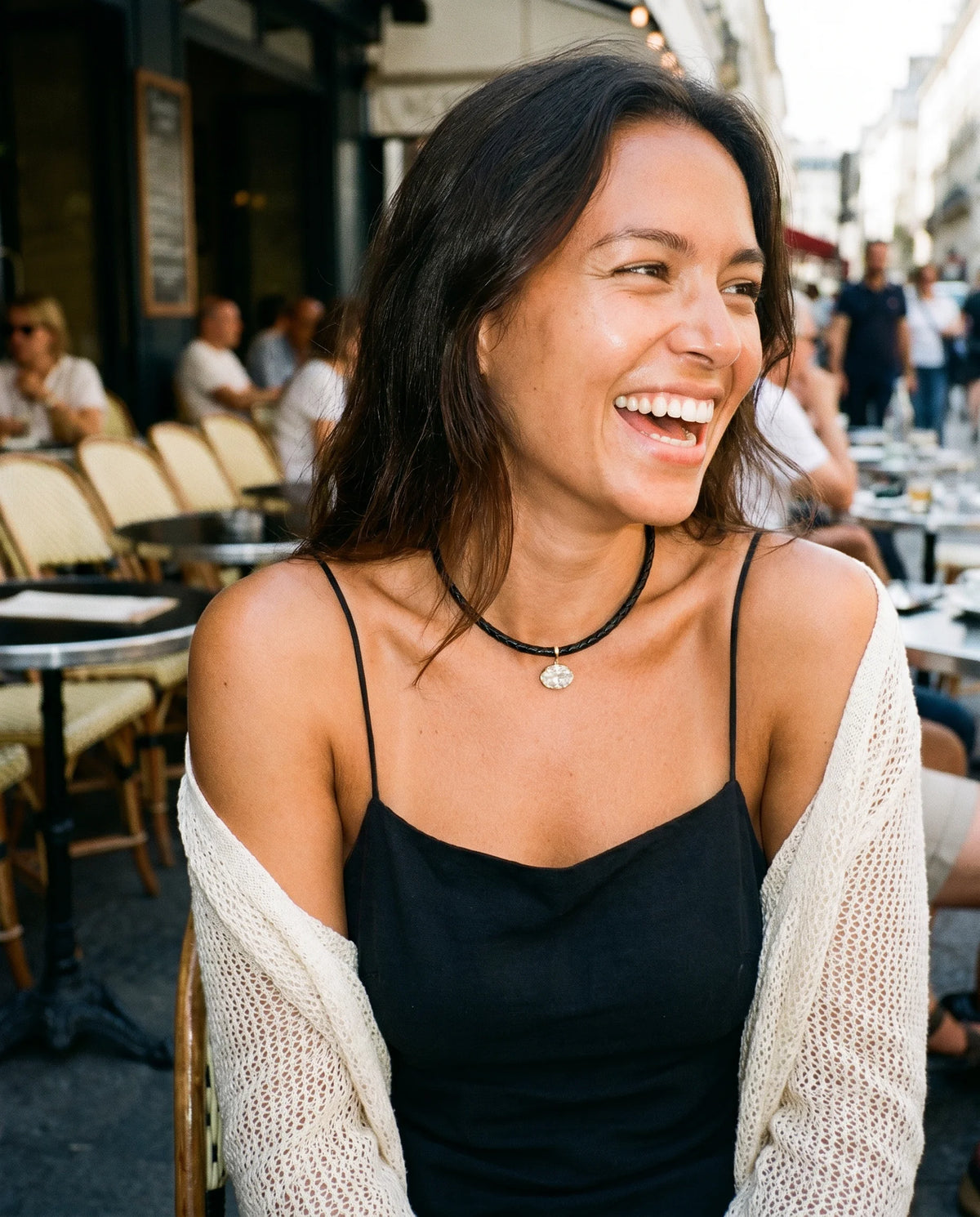 The Scala Necklace — café terrace, Paris street style